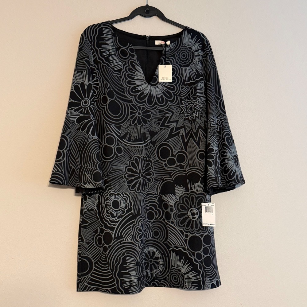 Trina Turk Womens Black Grey Floral Bell Sleeve V-Neck Shift Dress TT177511 L